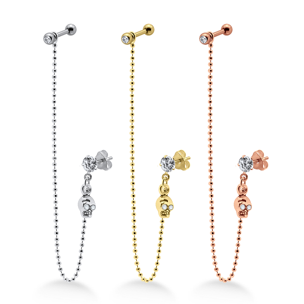 TIPSC1-17 Helix Tragus Piercing mit Kette 5mm-Kristall -+ Skull silberfarbig goldfarbig roségoldfarbig