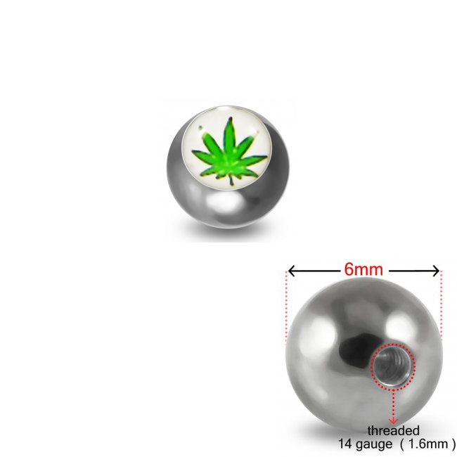 Schraubkugel aus Chirurgenstahl 316L mit Motiv Cannabis grün-weiss