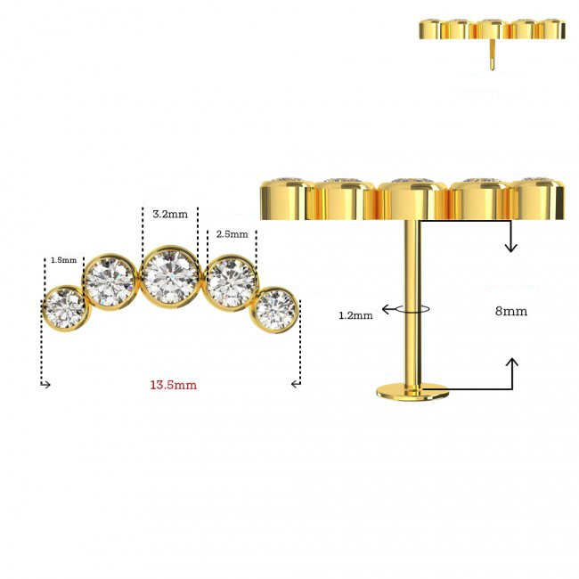 Piercing Labret Stecker 14karat Echtgold Gelbgold fünf Kristalle mit Geschenkbox