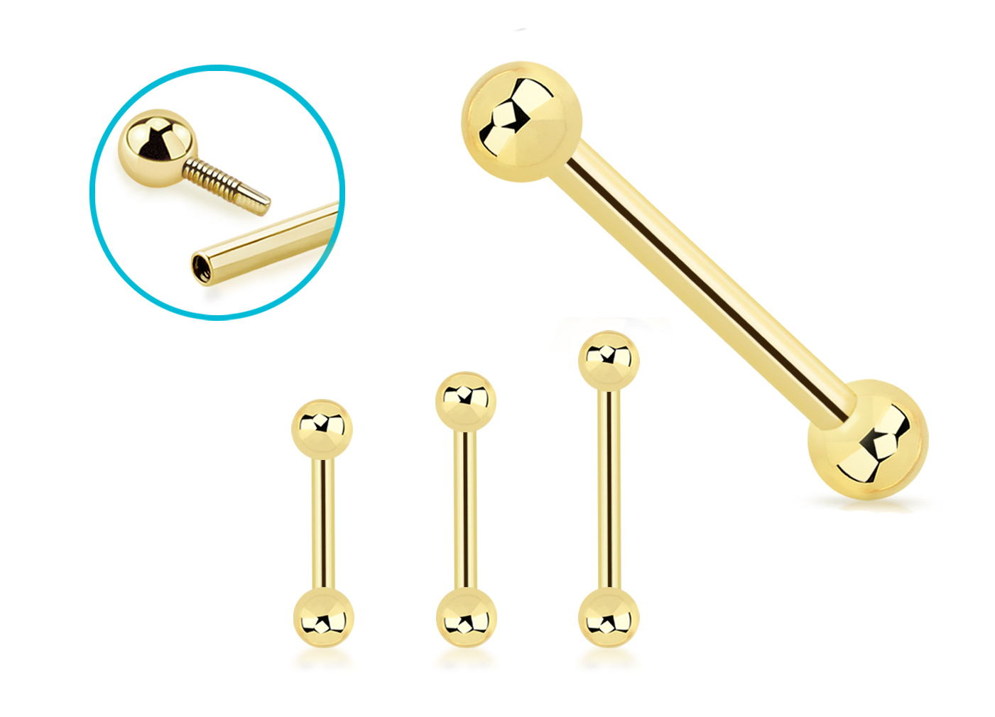 Barbell Hantel 14karat Gold Gelbgold mit 4mm-Kugeln 12mm/14mm/16mm Stablänge Barbell Hantel 14karat Gold Gelbgold mit 4mm-Kugeln 12mm/14mm/16mm Stablänge