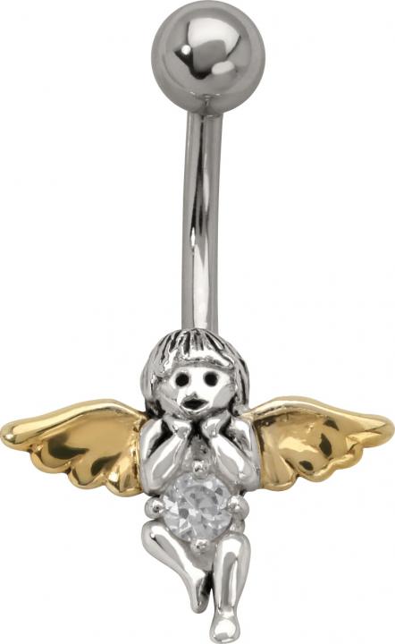 Bauchnabelpiercing fliegender Engel goldene Flügel und Kristall