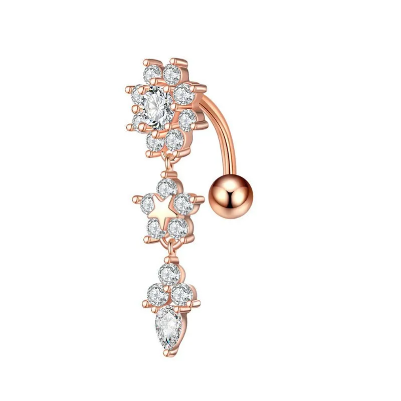 Bauchnabelpiercing Chirurgenstahl 316L roségoldfarbig Kristallanhänger mit Blumen