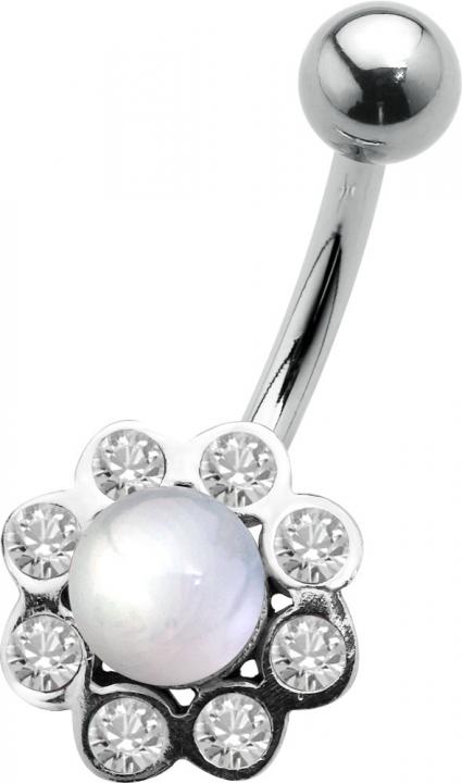 plb-05_kopie Bauchnabelpiercing Kristall Blume mit Perle Stahl Banane 10mm