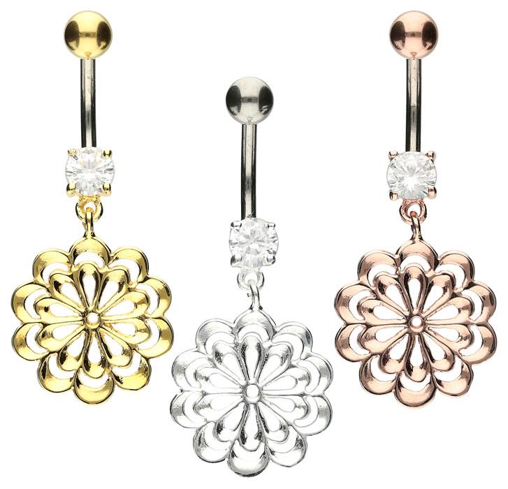 Bauchnabelpiercing Titan 925er Silber-Motiv Blume silberfarbig goldfarbig roségoldfarbig