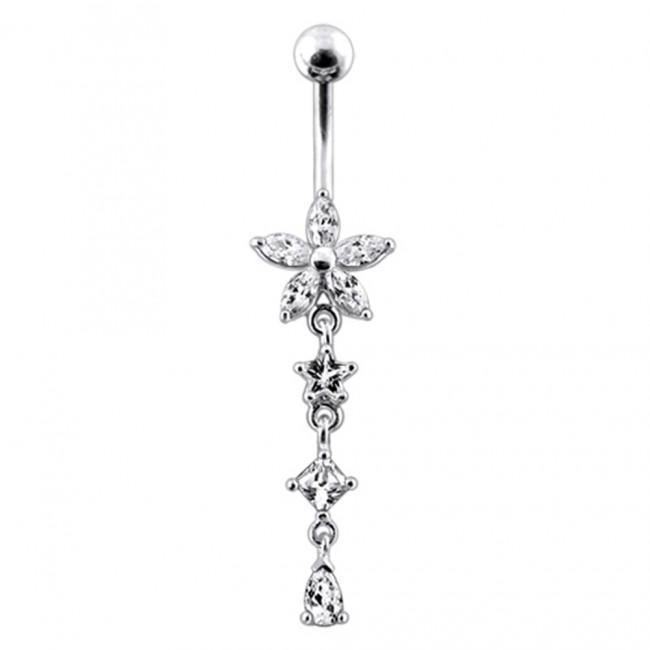 Bauchnabelpiercing Titan 925er Silber-Motiv Blume  8mm/10mm/12mm Stablänge