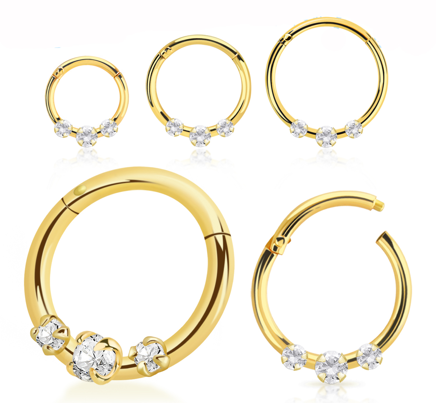 Segmentring Clicker aus 925er Silber goldfarbig mit drei Kristallen