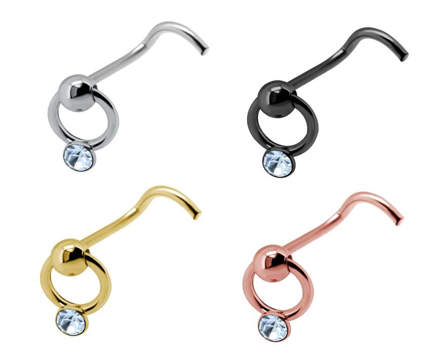 Nasenstecker Spirale Silber Ring + Kristall silberfarbig schwarz goldfarbig roségoldfarbig