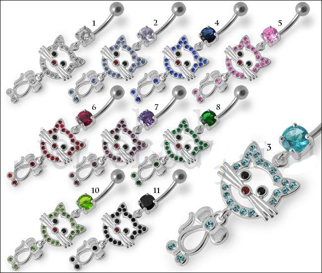 Bauchnabelpiercing Kitty Katze Kristall Anhänger Silber 925  Farbe: rosa (5)