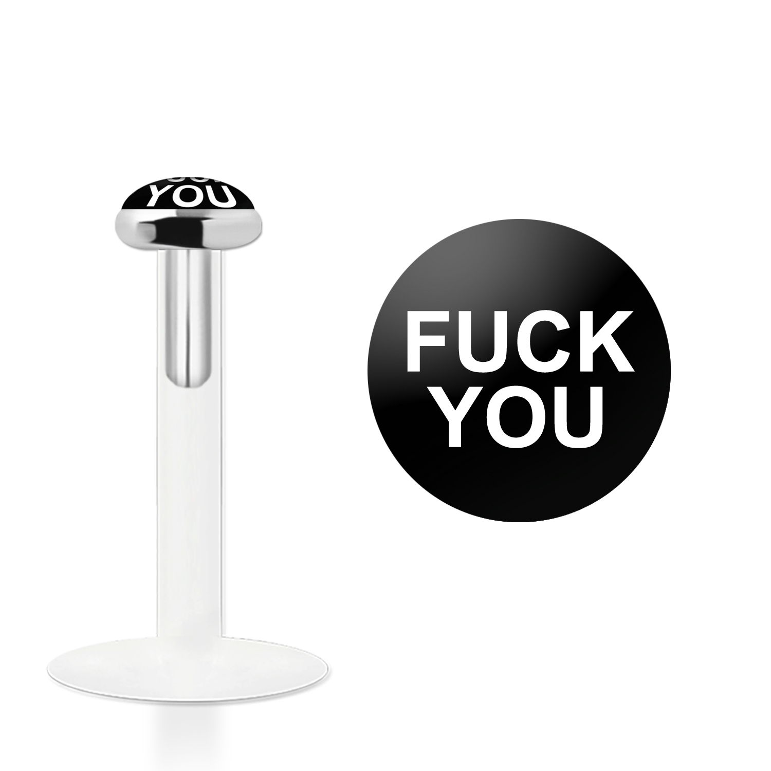 Labret Stecker Bioflex mit Steckaufsatz aus Silber und Logo-Motiv Fuck you