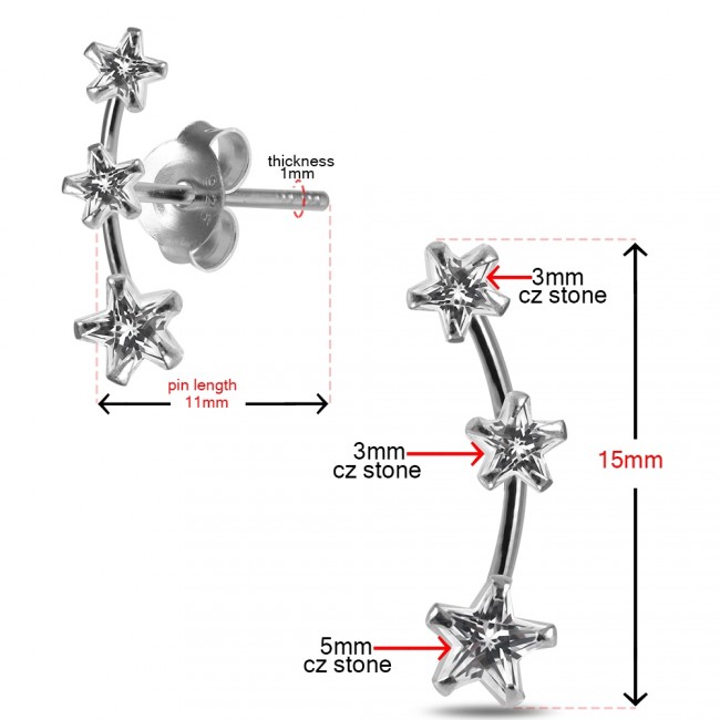 Ohrstecker aus 925er Sterling Silber mit drei sternförmigen Kristallen