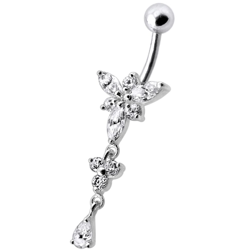 Bauchnabelpiercing Titan 925er Silbermotiv Kristallblume   8mm/10mm/12mm Stablänge