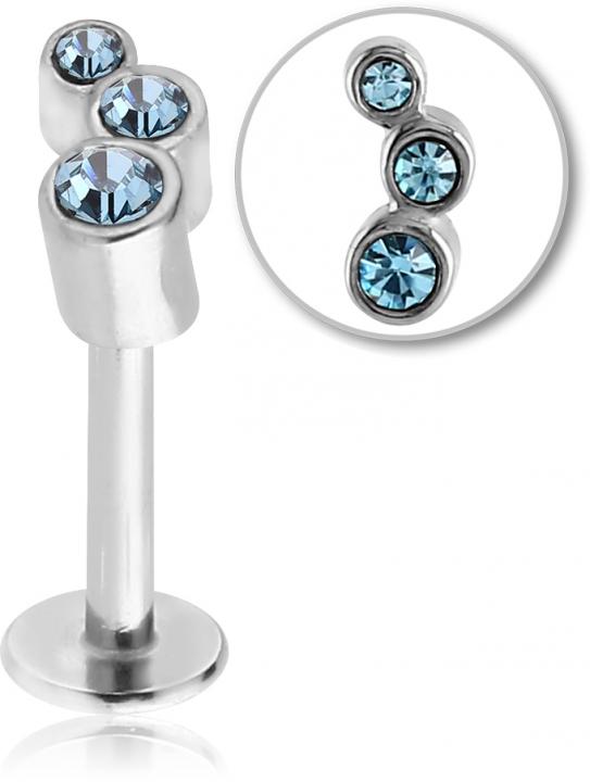 Piercing Labret 3 Kristalle Blau Stahl 1.2 mm Stecker   1.2mm x 6mm