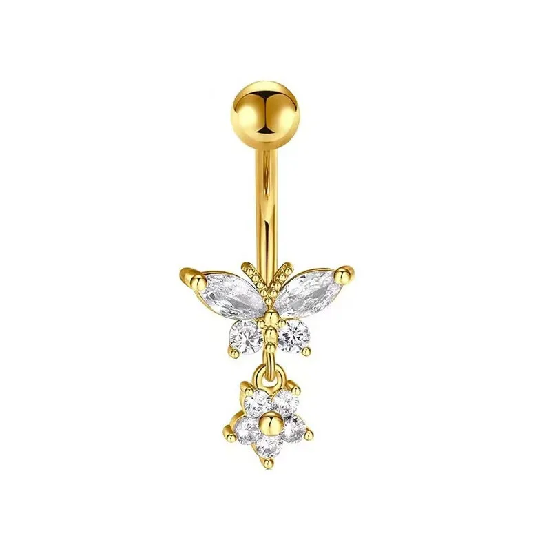 Bauchnabelpiercing Chirurgenstahl 316L goldfarbig mit Schmetterling und eingefasstem Kristallen