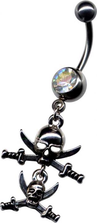 p1285_5 RAUS-DAMIT-PREIS Bauchnabelpiercing mit Totenkopf Piraten klar Stahl Gothic Schmuck