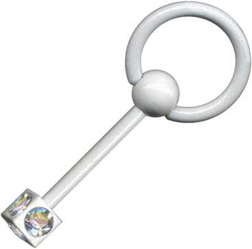 15020 Zungenpiercing Barbell Weiß Doorknocker mit Ring Kristall Hantel