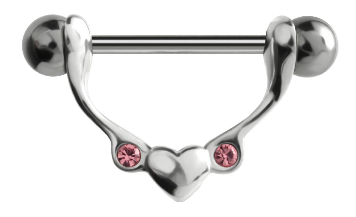 Brustwarzenpiercing Herz Kristalle Rosa mit Barbell Nipple Piercing