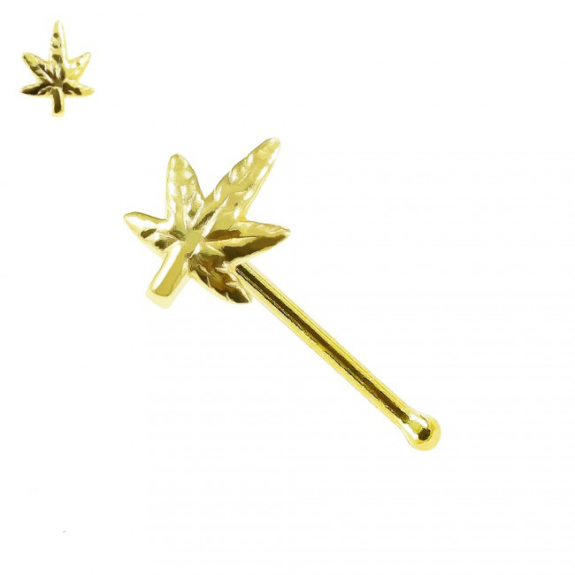 Nasenstecker Pin 9k Gelbgold Nasenpiercing Cannabis mit Geschenkbox