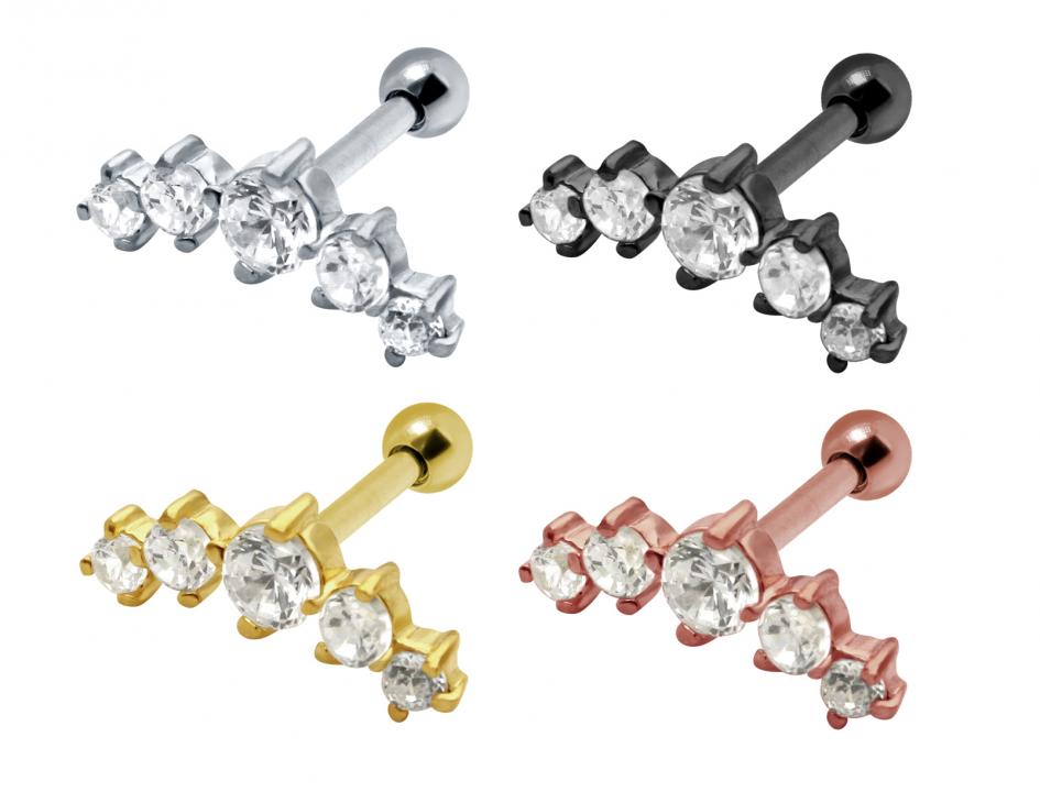 Helix Tragus Piercing fünf Kristalle  silber schwarz goldfarbig roségoldfarbig