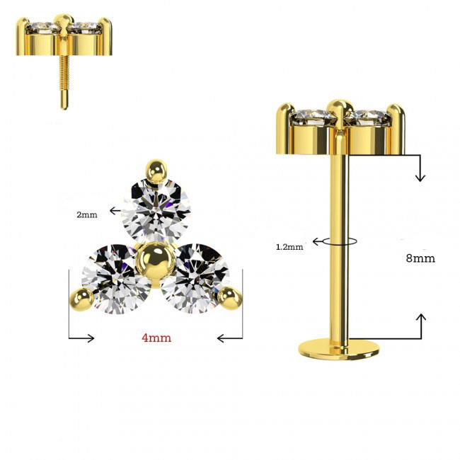 Piercing Labret Stecker 14karat Echtgold Gelbgold drei 2mm-Kristalle mit Geschenkbox