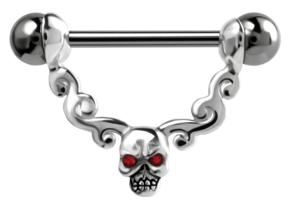 Brustwarzenpiercing Tribal Totenkopf Schild mit Barbell Nipple