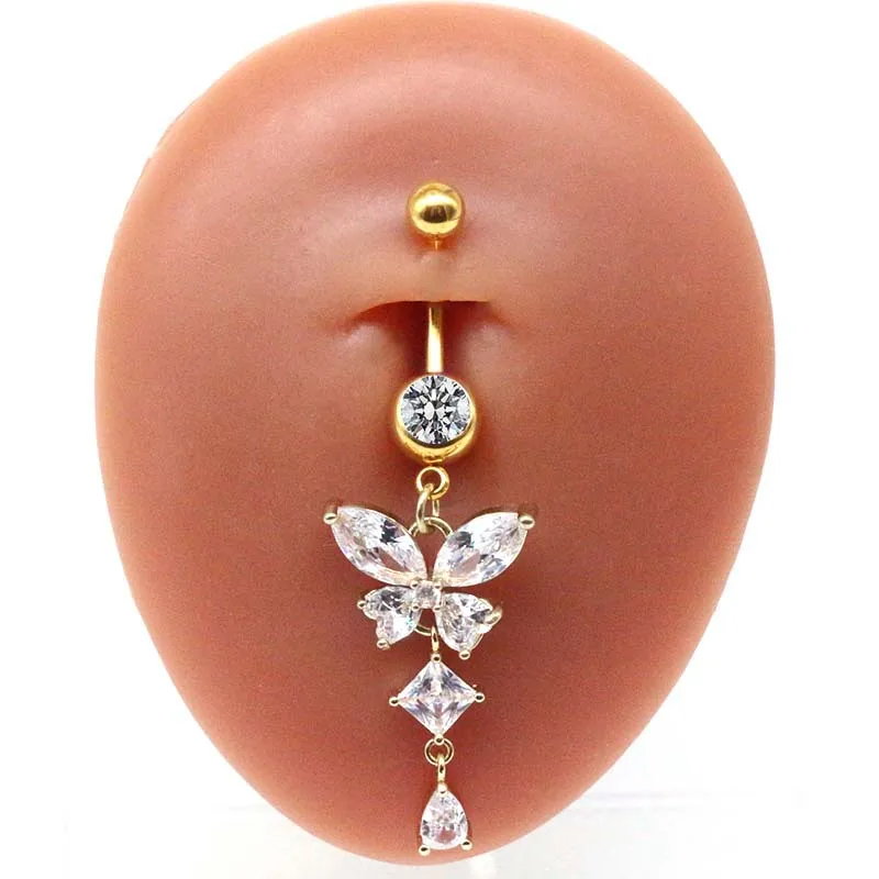 Bauchnabelpiercing Chirurgenstahl 316L goldfarbig Schmetterling mit eingefassten Kristallen