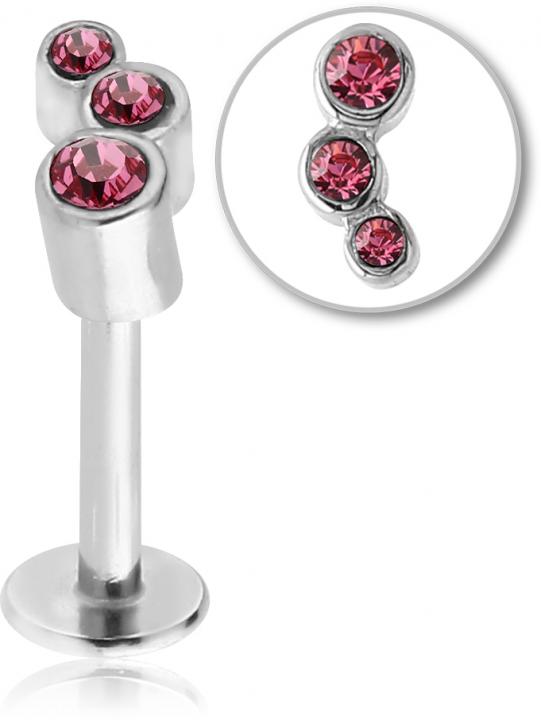 Piercing Labret 3 Kristalle Pink Stahl 1.2 mm Stecker  1.2mm x 6mm