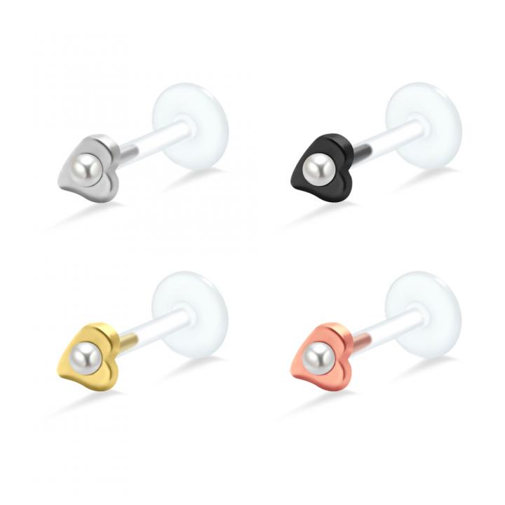 PTFE Tragus Labret Herz mit Perle silber schwarz goldfarbig roségoldfarbig