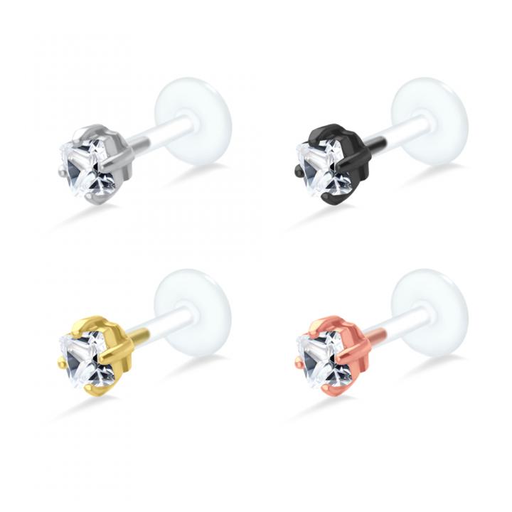 PTFE Tragus Labret 4mm-Kristall silber schwarz goldfarbig roségoldfarbig