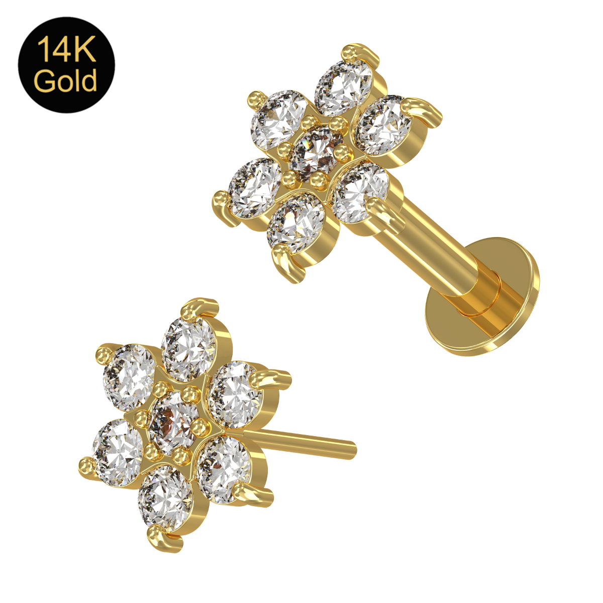Piercing Labret Stecker Kristallblume 14karat Gold Gelbgold sieben Kristalle mit Geschenkbox Piercing Labret Stecker Kristallblume 14karat Gold Gelbgold sieben Kristalle mit Geschenkbox