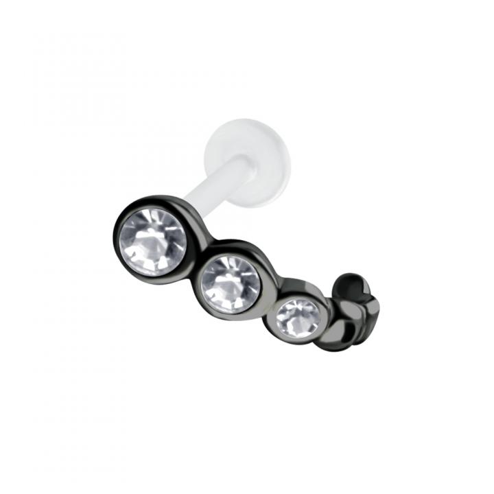 PTFE Tragus Labret drei Kristalle silber schwarz goldfarbig roségoldfarbig  1.2mm x 6mm