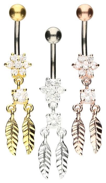 Bauchnabelpiercing Titan 925er Silber-Motiv Federn silberfarbig goldfarbig roségoldfarbig