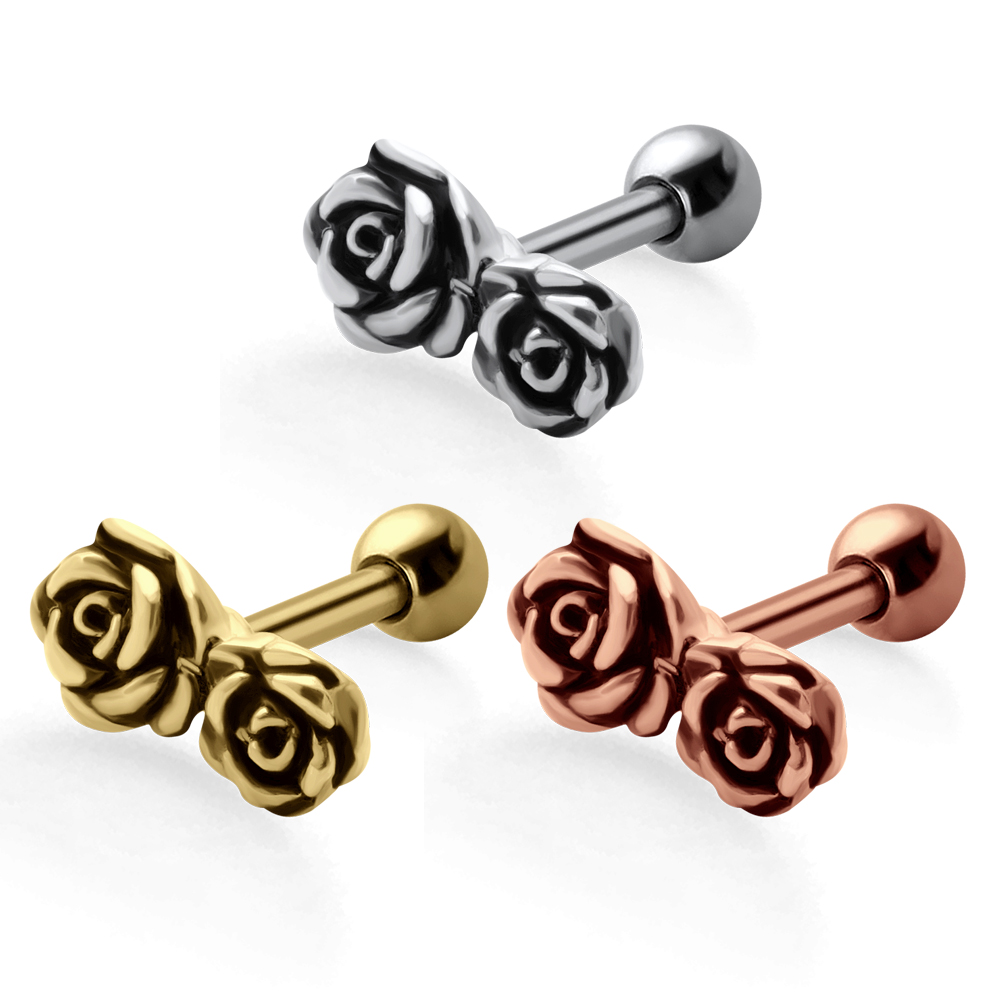 Helix Tragus Piercing zwei Rosen silberfarbig goldfarbig roségoldfarbig