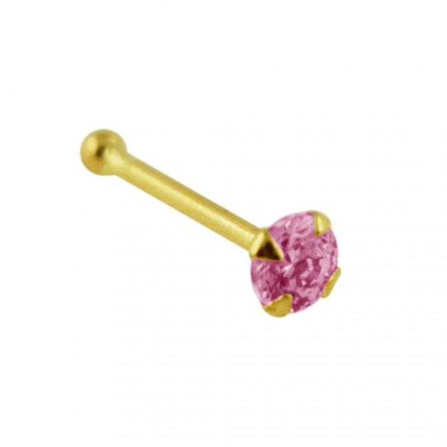 14karat Echtgold Nasenstecker Pin Nasenpiercing Gelbgold 2mm-Kristall rosa mit Geschenkbox
