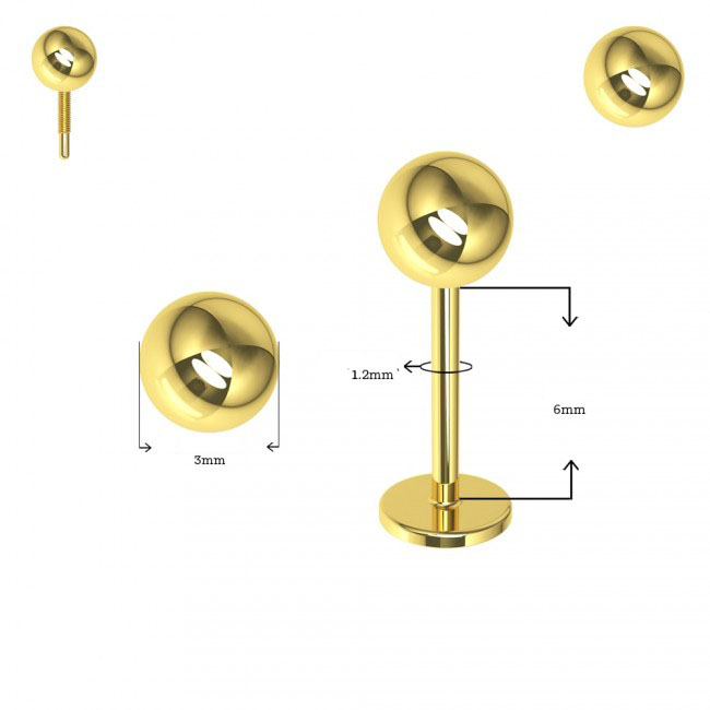 Piercing Labret Stecker 14karat Echtgold Gelbgold Innengewinde 3mm-Kugel mit Geschenkbox