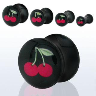 apgo Ohr Piercing Plug Schwarz mit Kirschen Motiv Acryl