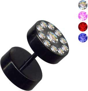 16103_3 Piercing Fake Ohr Plug schwarz Kristall Steine Stahl Ohrstecker
