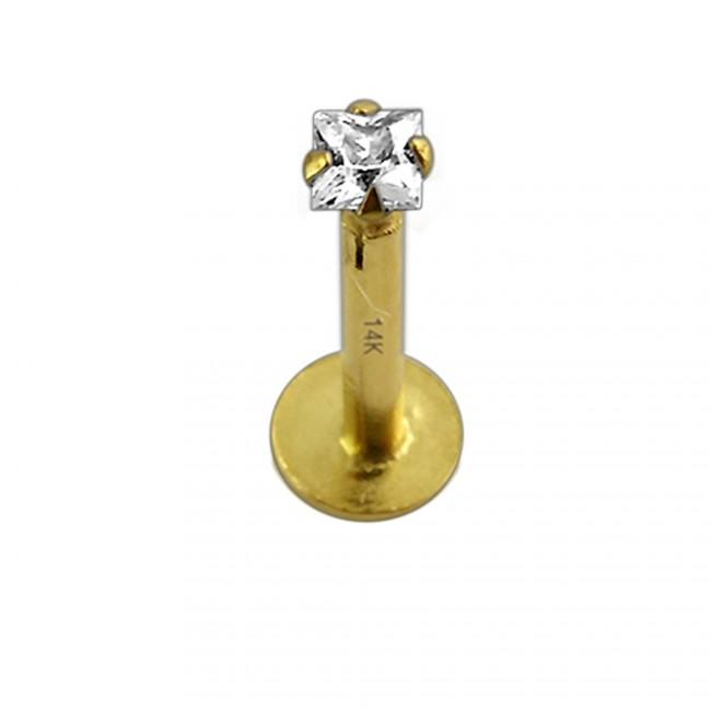 Piercing Labret Stecker 14karat Echtgold Gelbgold mit eckigem 2mm-Kristall Steckaufsatz