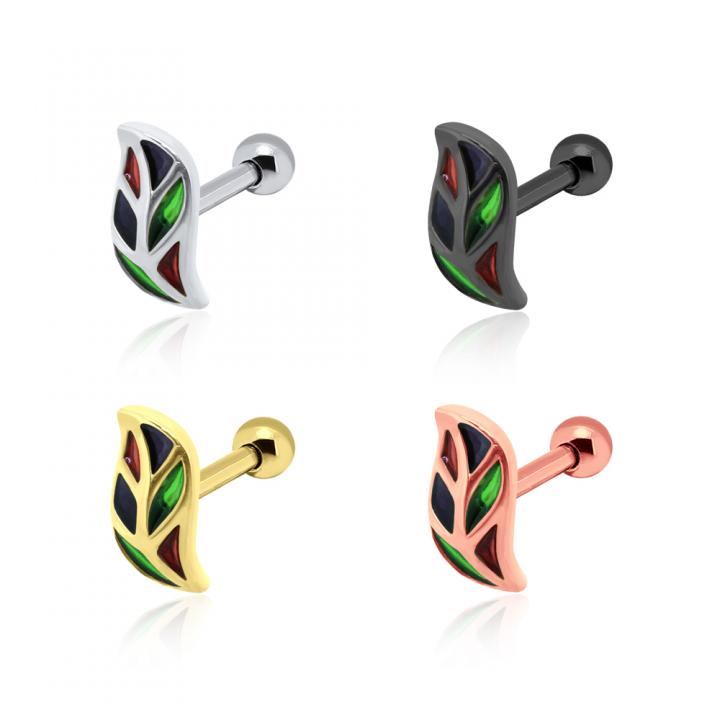 Helix Tragus Piercing Blatt mit Buntglas silberfarbig schwarz goldfarbig roségoldfarbig