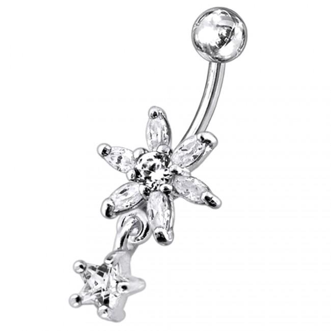 Bauchnabelpiercing Titan 925er Silber-Motiv Kristallblume