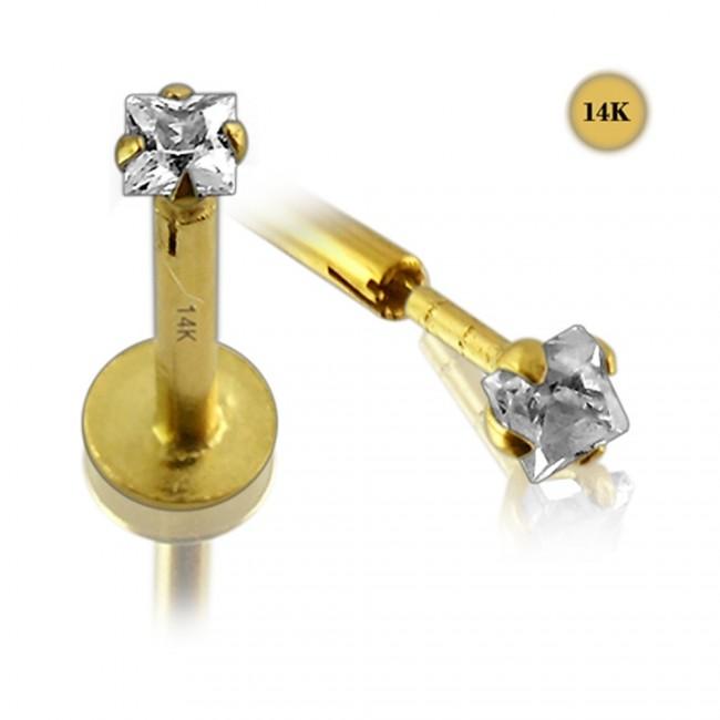 Piercing Labret Stecker 14karat Echtgold Gelbgold mit eckigem 2mm-Kristall Steckaufsatz