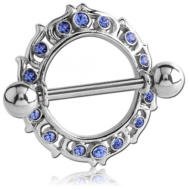 Brustwarzenpiercing dunkelblaue Kristalle Schild mit Barbell Nippel Piercing