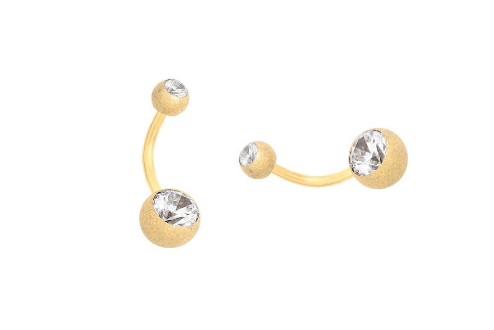GL146 Piercing Banane in Diamantoptik goldfarbig mit zwei Kristallen Stahl Bauchnabel 1.6mm Stärke
