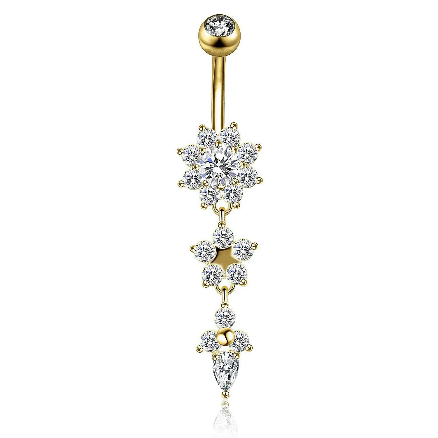 Bauchnabelpiercing Chirurgenstahl 316L goldfarbig mit Blume und eingefasstem Kristallen