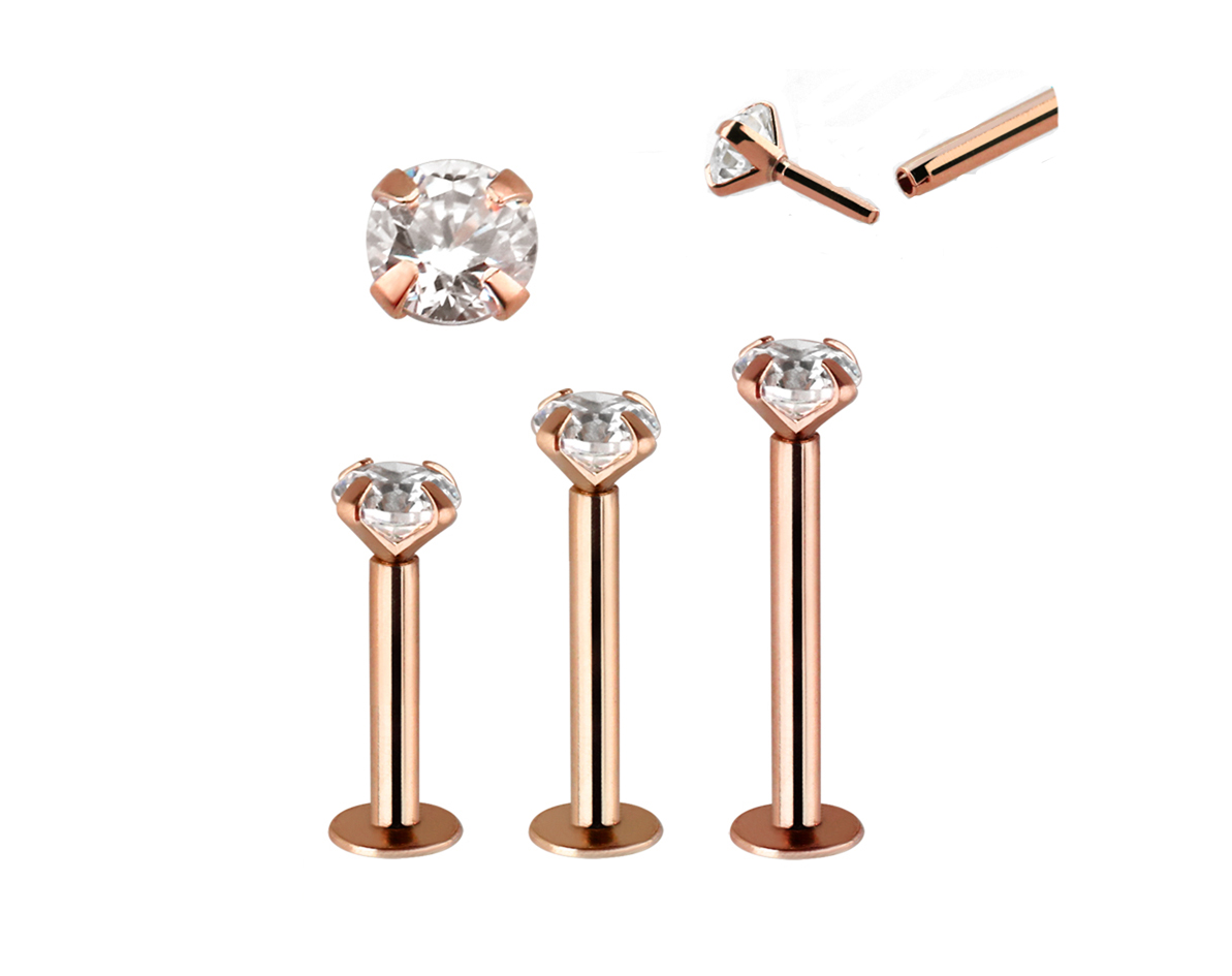 Piercing Labret Stecker 14karat Echtgold Roségold 3mm-Kristall mit Geschenkbox