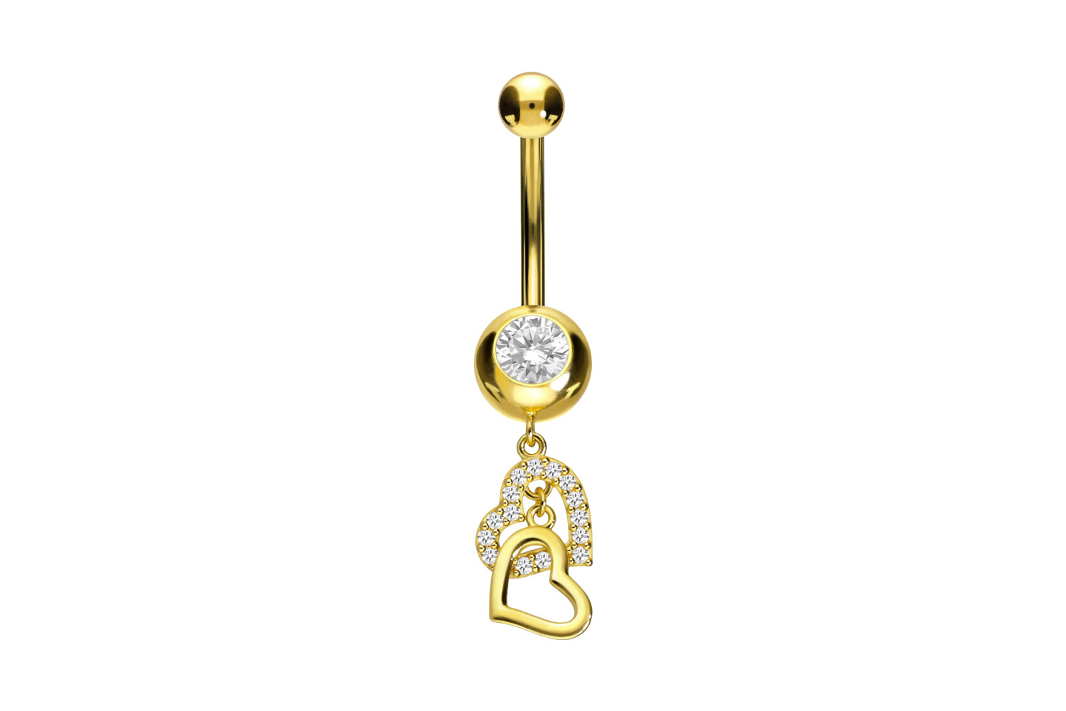 Bauchnabelpiercing 18karat Echtgold Gelbgold mit zwei Herzen und Kristallen