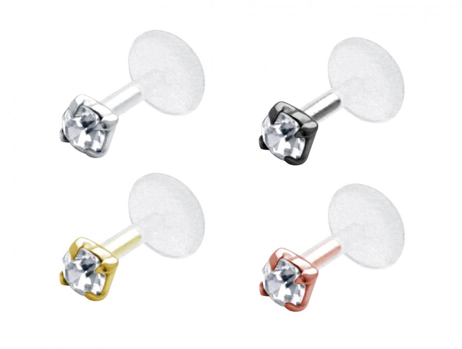 PTFE Tragus Labret mit Kristall silber schwarz goldfarbig roségoldfarbig