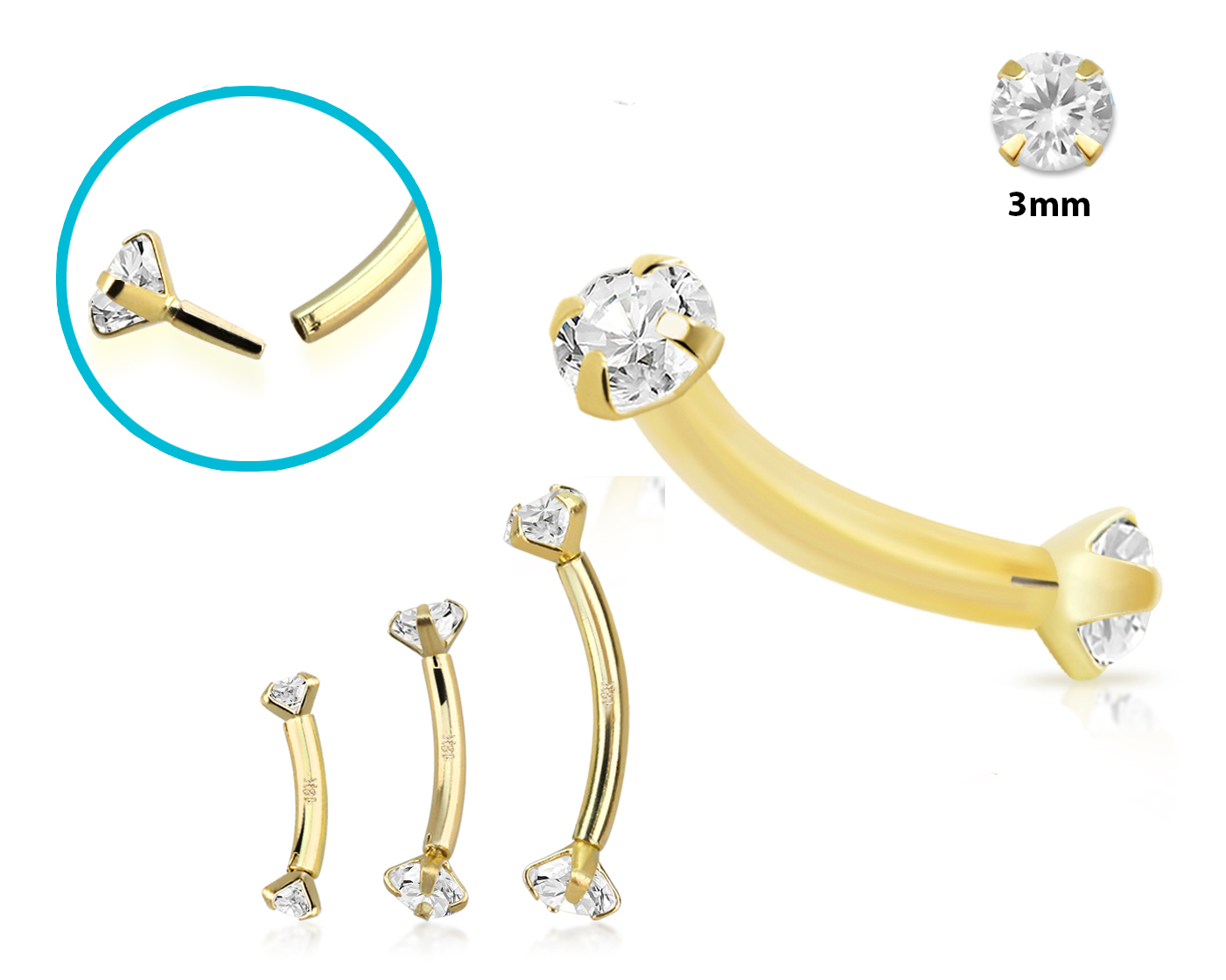 Piercing Banane Stecker 18karat Echtgold Gelbgold mit eingefassten 3mm-Kristallen