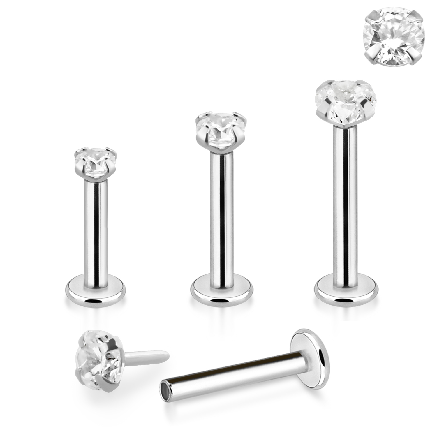 Piercing Labret Stecker 14karat Echtgold Weissgold eingefasster Kristall mit Geschenkbox