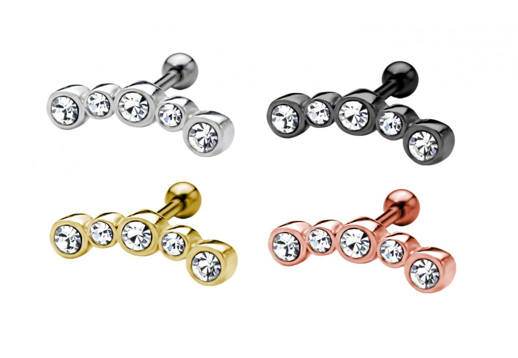 Helix Tragus Piercing fünf Kristalle Kristallbogen silber schwarz goldfarbig roségoldfarbig