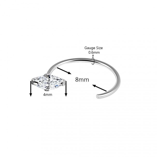 Offener Nasenring 925er Silber mit 4mm-Kristall  Nasenpiercing  0.6mm x 8mm